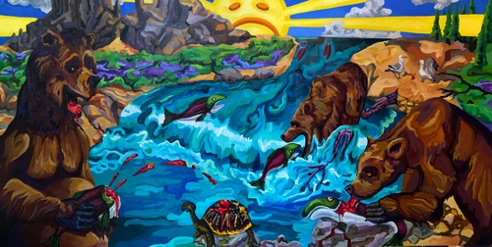 "The Ecstasy of Fat Bear" 36x72, oil on panel.