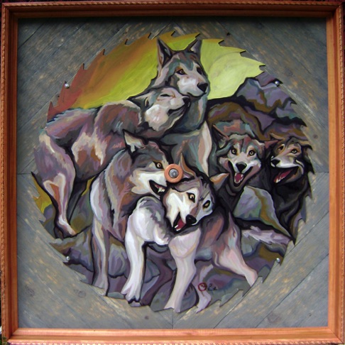 "Bladewolves" 40x40, oil on metal mounted to wood